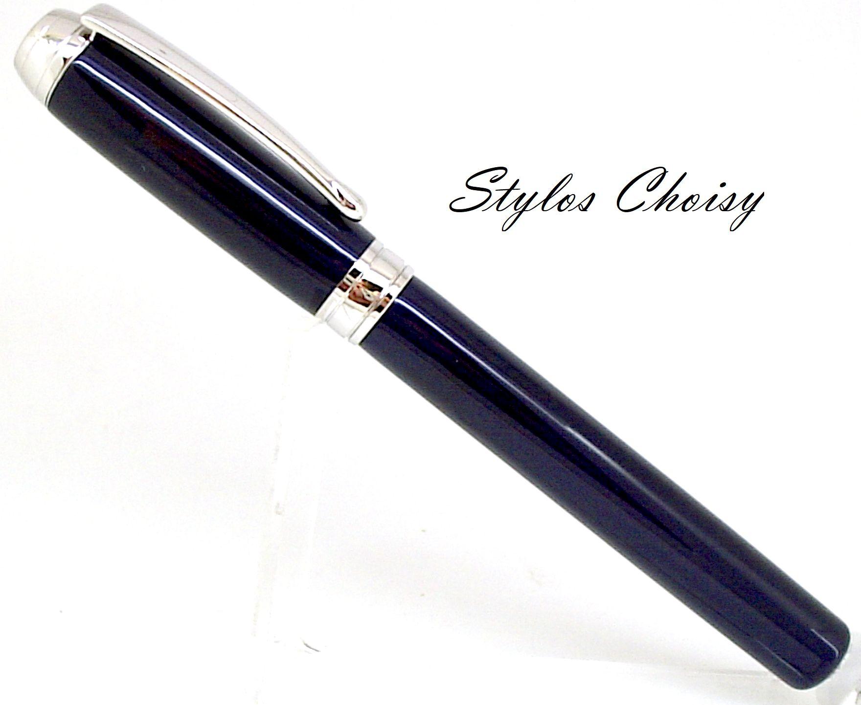 Plume empreinte galalithe bleue nuit et platine 1