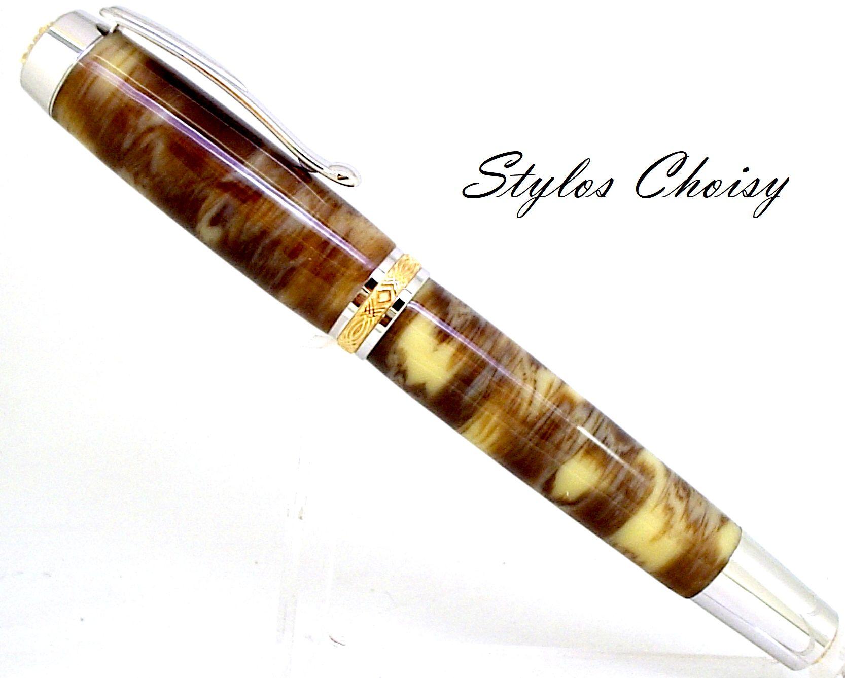 Plume reflexion senior galalithe brune flammee platine et or 22 carats 1